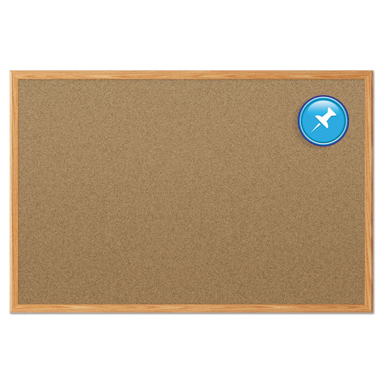 Economy Cork Board with Oak Frame, 48" x 36", Tan Surface, Oak Finished Fiberboard (MDF) Frame