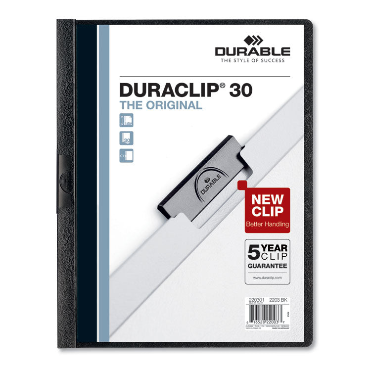 DuraClip Report Cover, Clip Fastener, 8.5 x 11, Holds 30 Sheets, Clear/Black, 25/Box