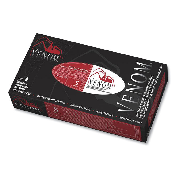 Venom Nitrile Exam Gloves, Powder-Free, Small, 2.8 mil Thick, 9" Long, Black, 100/Box, 10 Boxes/Carton