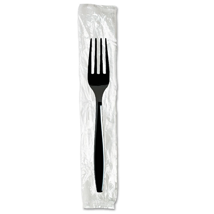 Individually Wrapped Heavyweight Forks, Plastic, Black, 1,000/Carton