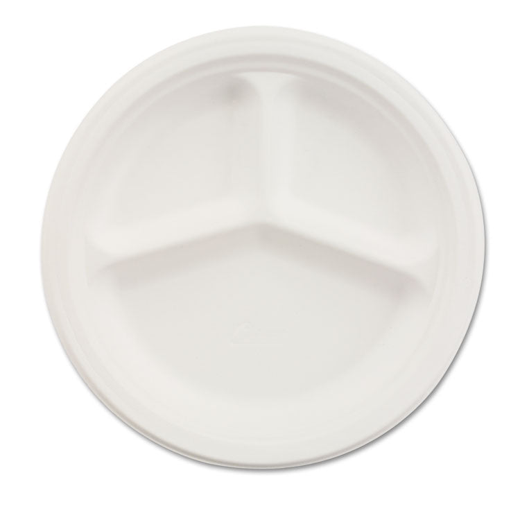Paper Dinnerware, 3-Compartment Plate, 9.25" Dia, White, 500/carton
