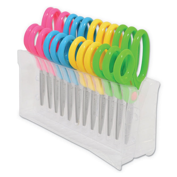Kids' Scissors with Antimicrobial Protection, Pointed Tip, 5" Long, 2" Cut Length, Straight Assorted Color Handles, 12/Pack