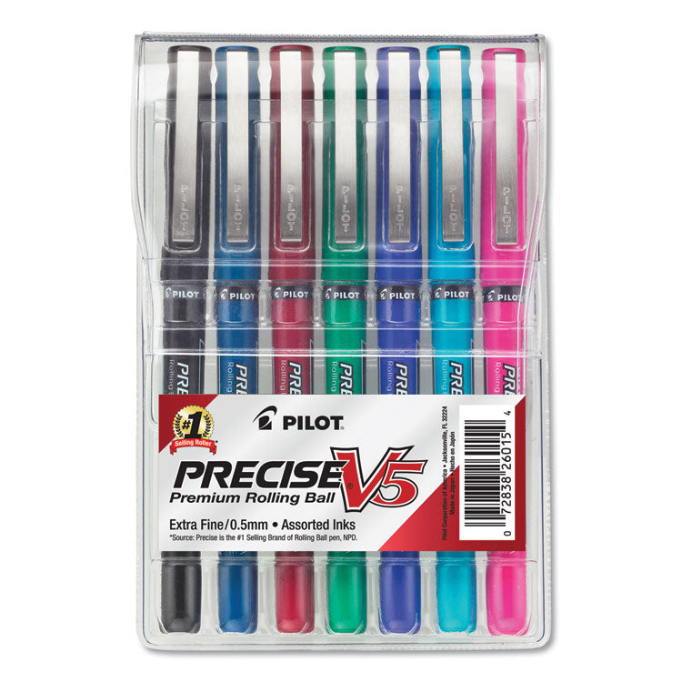 Precise V5 Rollerball Pen, Stick, Extra-Fine 0.5 mm, Assorted Ink and Barrel Colors, 7/Pack
