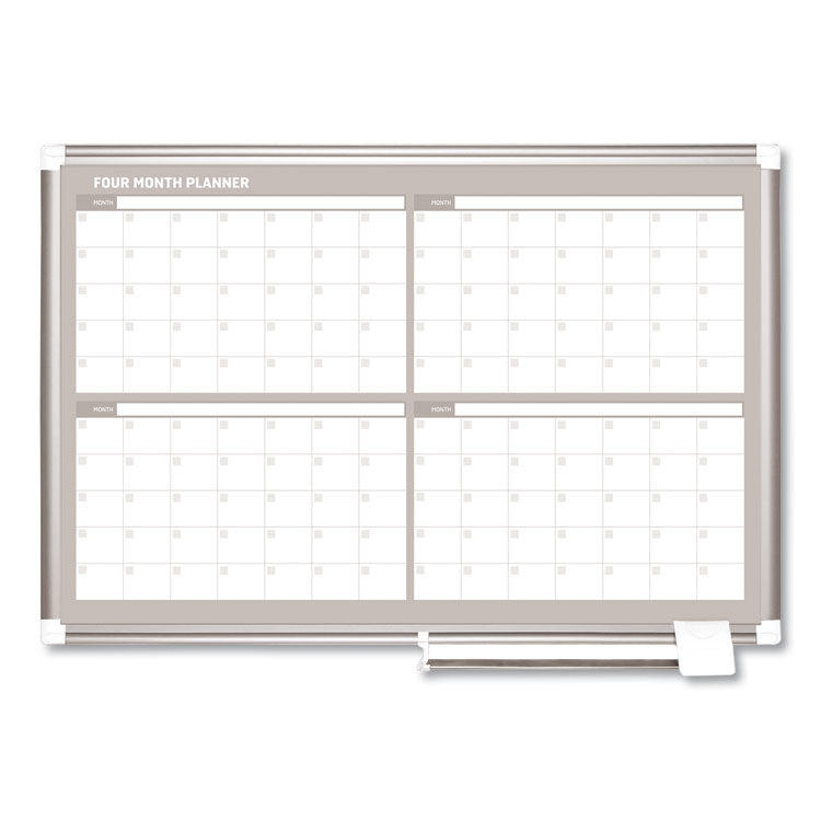 Magnetic Dry Erase Calendar Board, Four-Month Planning/Scheduling, 36" x 24", White Surface, Satin Aluminum Frame