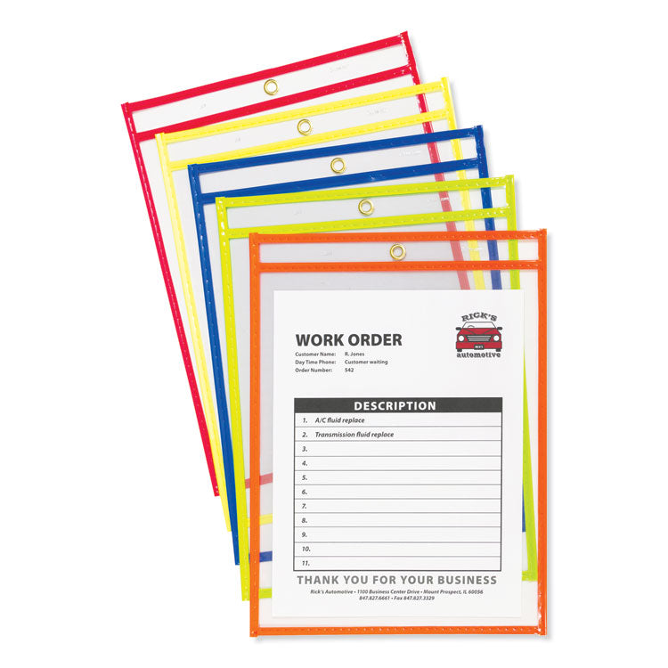 Neon Stitched Shop Ticket Holders, Super Heavy-Duty, Top Load 9 x 12 Insert, Clear Front, Assorted Neon Border Colors, 10/Box