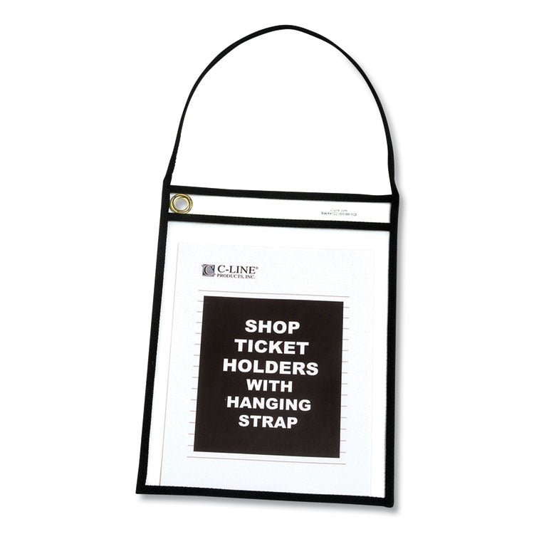 Stitched Shop Ticket Holders, 22" Hang Strap, Super Heavy-Duty, Top Load 9 x 12 Insert, Clear Front, Black Border, 15/Box