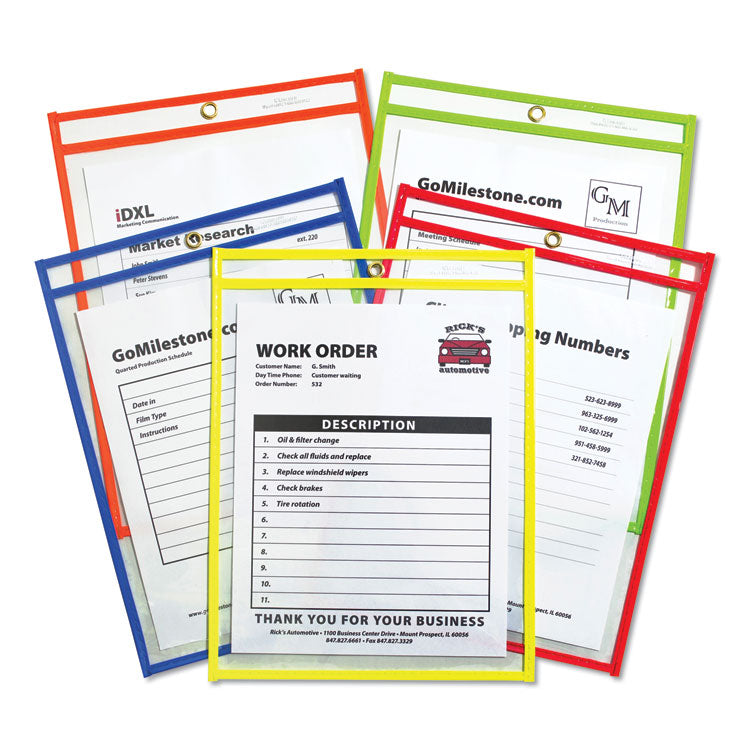 Neon Stitched Shop Ticket Holders, Super Heavy-Duty, Top Load 9 x 12 Insert, Clear Front, Assorted Neon Border Colors, 25/Box