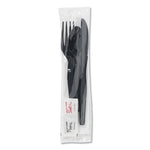 Wrapped Tableware/Napkin Packets, Mediumweight, Fork/Knife/Napkin/Spoon, Plastic, Black, 250/Carton