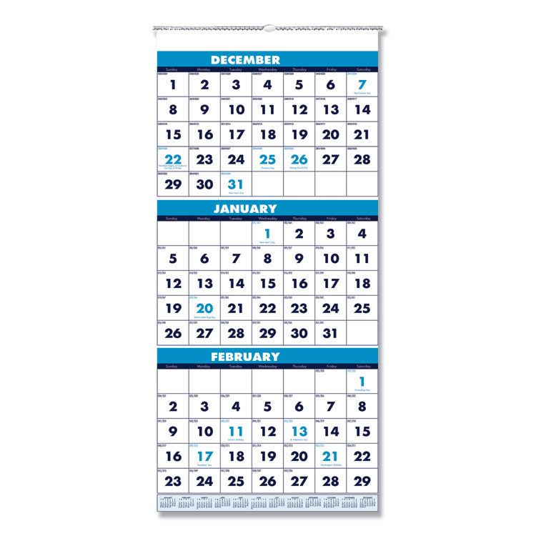 Recycled Three-Month Format Wall Calendar, Vertical Orientation, 12.25 x 26, White Sheets, 14-Month: Dec 2024 to Jan 2026