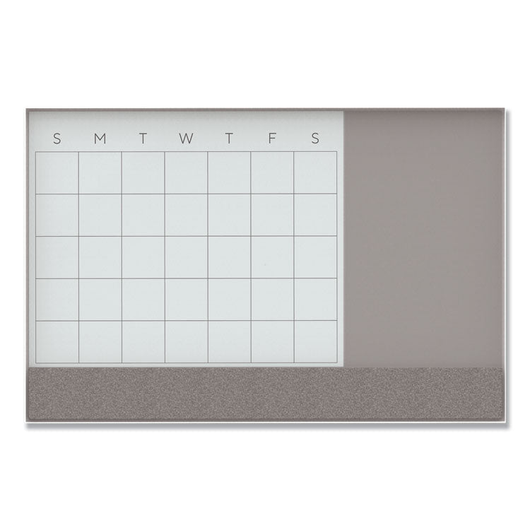 3N1 Magnetic Glass Dry Erase Combo Board, Monthly Planning, 48 x 36 (Actual Size: 47" x 35"), Gray/White Surface, White Frame