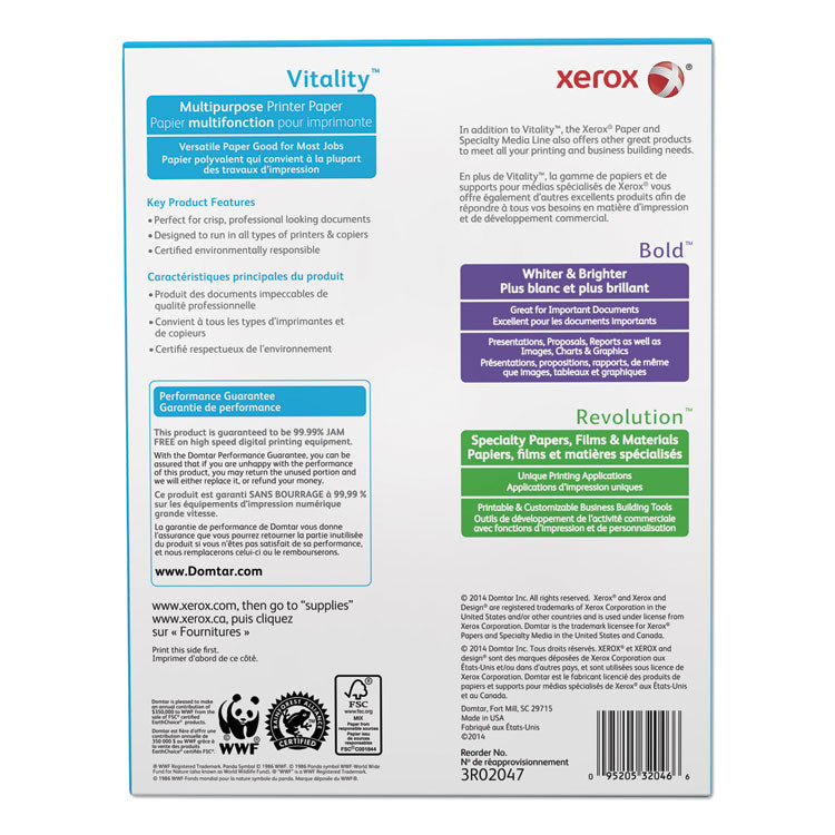 Vitality Multipurpose Print Paper, 92 Bright, 20 lb Bond Weight, 8.5 x 11, White, 500/Ream