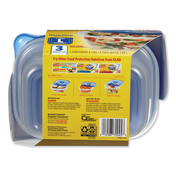 Deep Dish Food Storage Containers, 64 oz, Plastic, 3/Pack