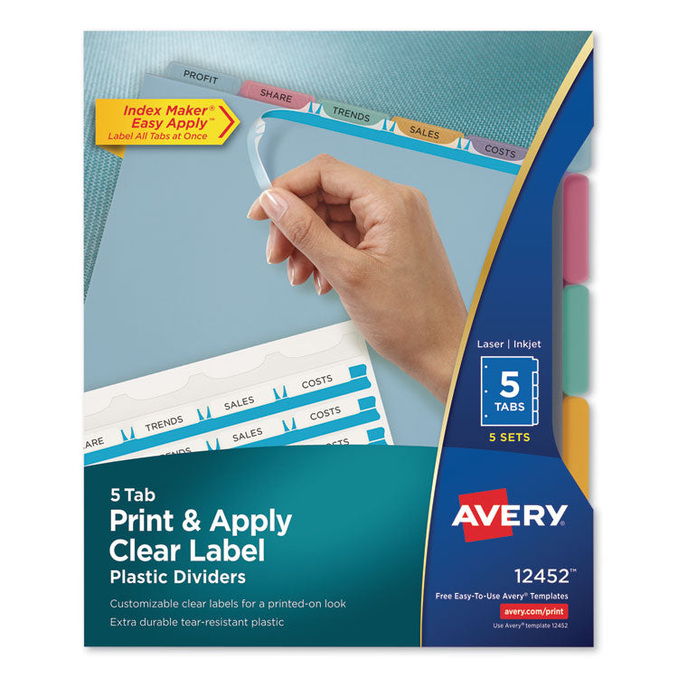 Print and Apply Index Maker Clear Label Plastic Dividers with Printable Label Strip, 5-Tab, 11 x 8.5, Assorted Tabs, 5 Sets
