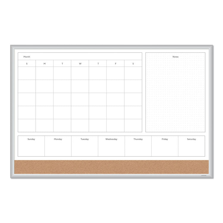 4N1 Magnetic Dry Erase Combo Board, Week/Month Planning, 36 x 24 (Actual Size: 35 x 23), Tan/WH Surface, Satin Aluminum Frame