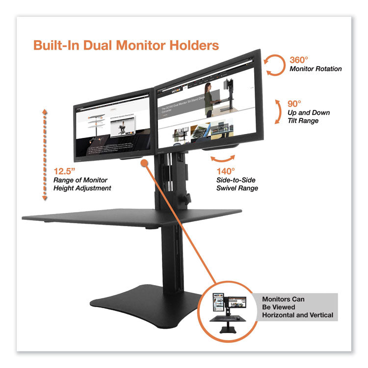 High Rise Dual Monitor Standing Desk Workstation, 28" X 23" X 10.5" To 15.5", Black
