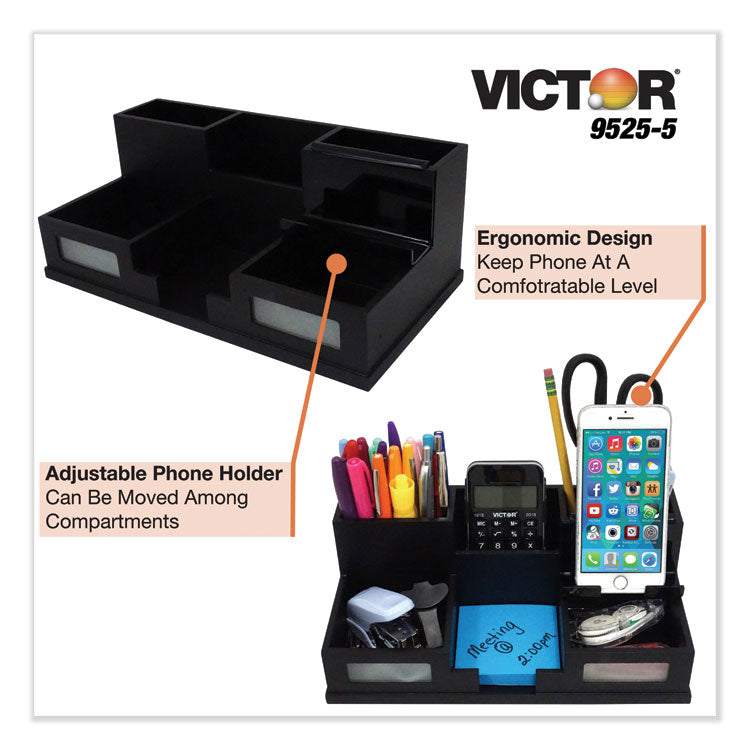 Midnight Black Desk Organizer with Smartphone Holder, 6 Compartments, Wood, 10.5 x 5.5 x 4