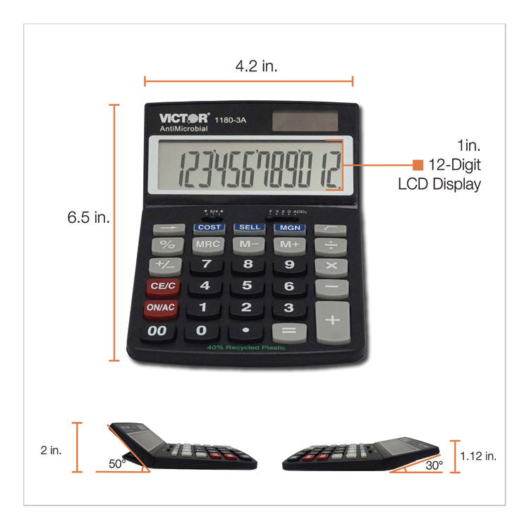 1180-3a Antimicrobial Desktop Calculator, 12-Digit Lcd