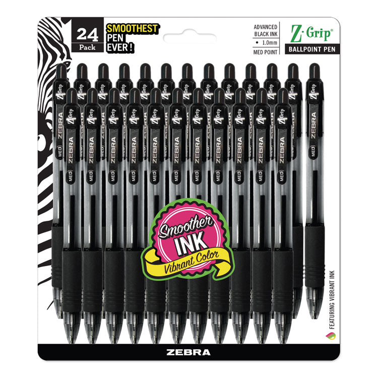 Z-Grip Ballpoint Pen, Retractable, Medium 1 mm, Black Ink, Clear/Black Barrel, 24/Pack