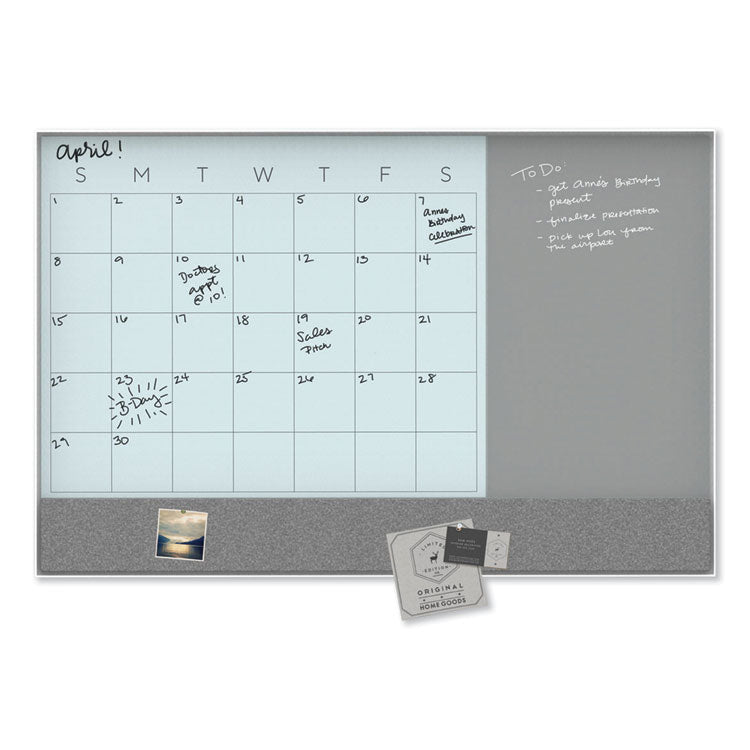 3N1 Magnetic Glass Dry Erase Combo Board, Monthly Planning, 36 x 24 (Actual Size: 35" x 23"), Gray/White Surface, White Frame