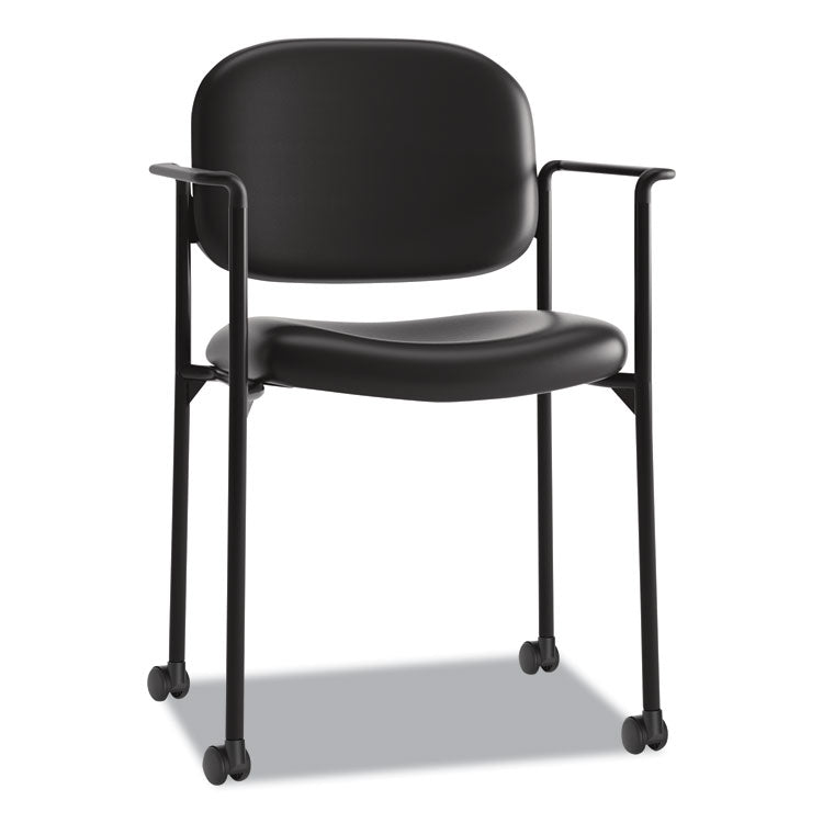 VL616 Stacking Guest Chair with Arms, Bonded Leather Upholstery, 23.25" x 21" x 32.75", Black Seat, Black Back, Black Base