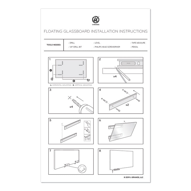 Floating Glass Ghost Grid Dry Erase Board, 48" x 36" (Actual Size: 47" x 35"), White Surface