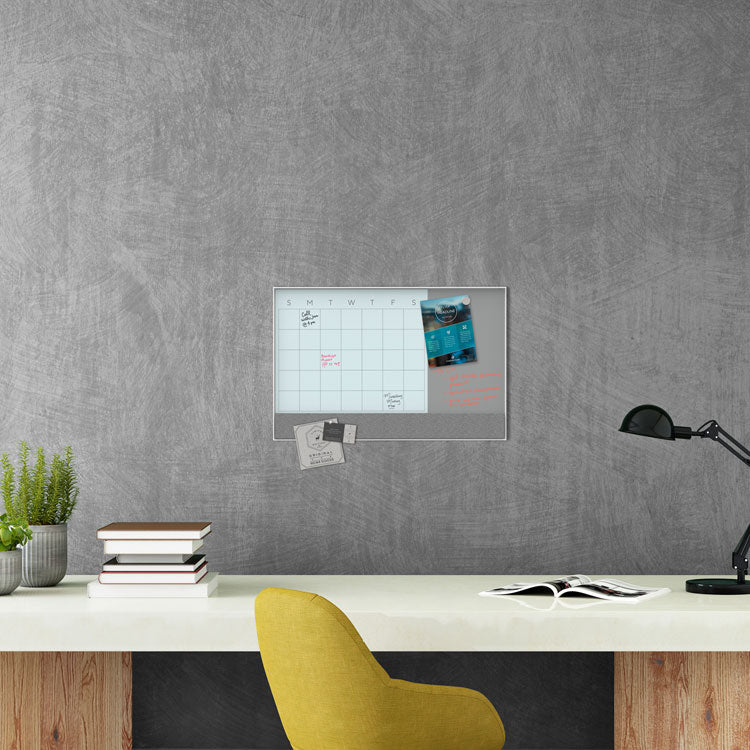 3N1 Magnetic Glass Dry Erase Combo Board, Monthly Planning, 24 x 18 (Actual Size: 23 x 17), Gray/White Surface, White Frame