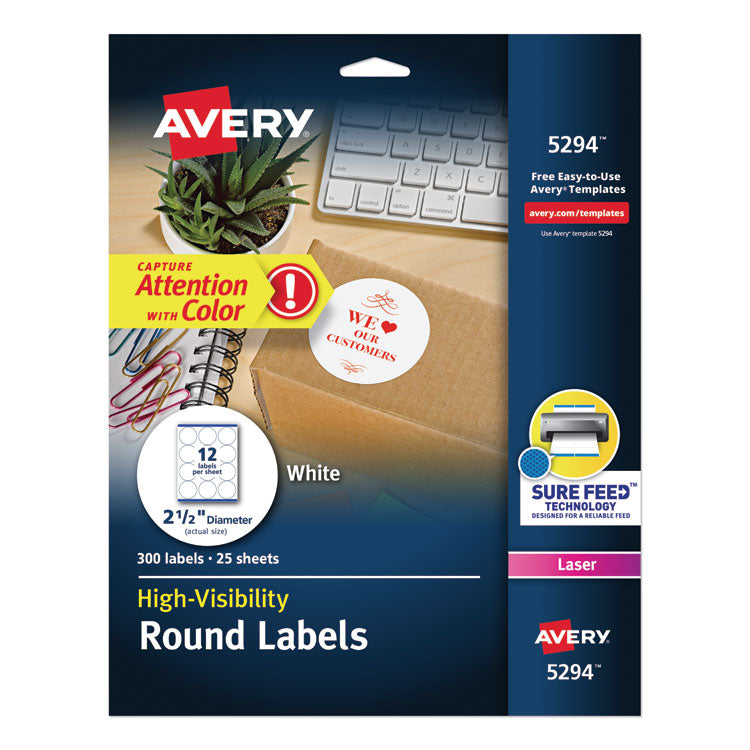 Permanent Laser Print-To-The-Edge Id Labels W/surefeed, 2 1/2"dia, White, 300/pk