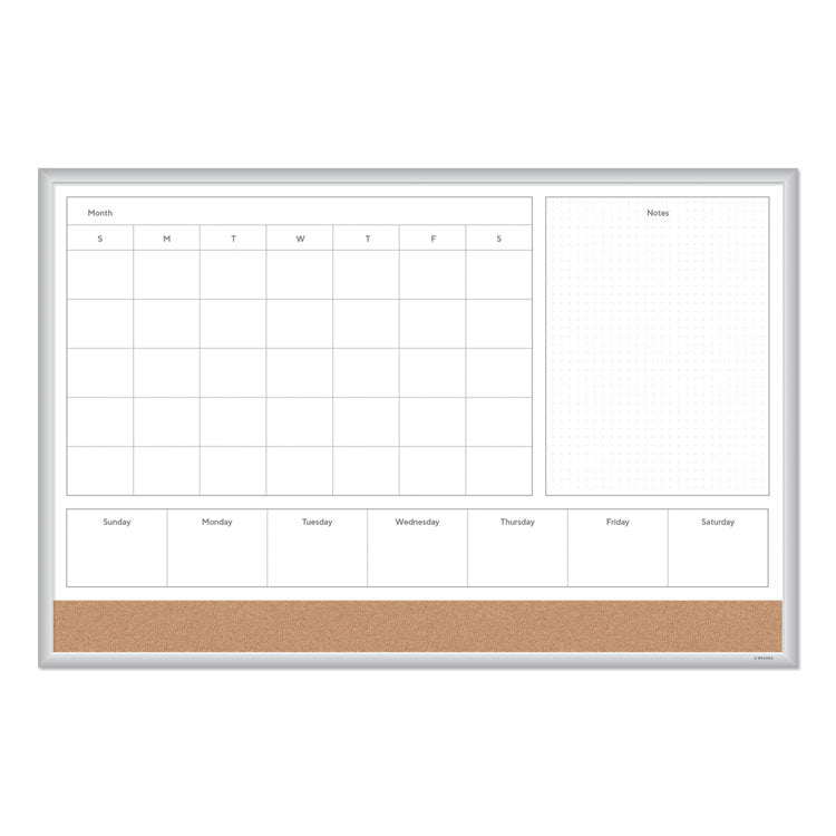 4N1 Magnetic Dry Erase Combo Board, Week/Month Planning, 36 x 24 (Actual Size: 35 x 23), Tan/WH Surface, Satin Aluminum Frame