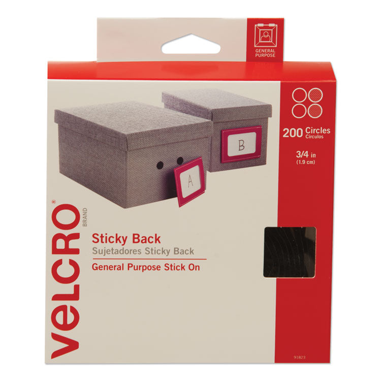 Sticky-Back Fasteners, Removable Adhesive, 0.75" Dia, Black, 200/box