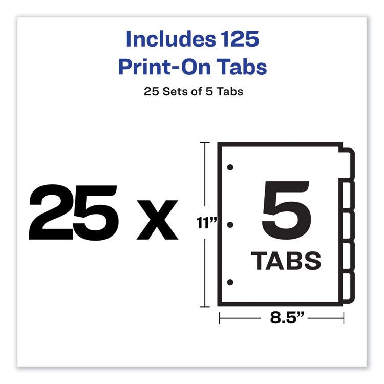 Customizable Print-On Dividers, 3-Hole Punched, 5-Tab, 11 x 8.5, White, 25 Sets