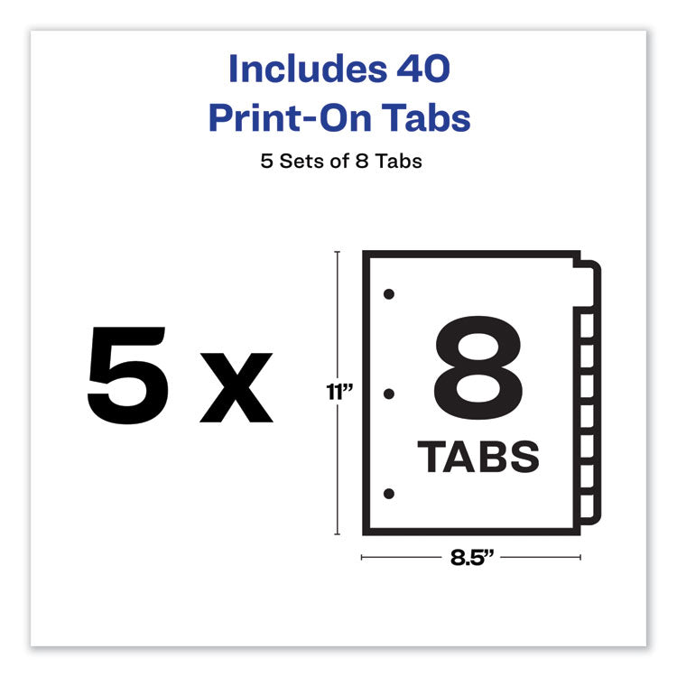 Customizable Print-On Dividers, 3-Hole Punched, 8-Tab, 11 x 8.5, White, 5 Sets