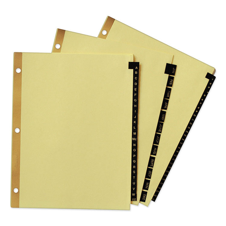 Preprinted Black Leather Tab Dividers w/Gold Reinforced Edge, 12-Tab, Jan. to Dec., 11 x 8.5, Buff, 1 Set