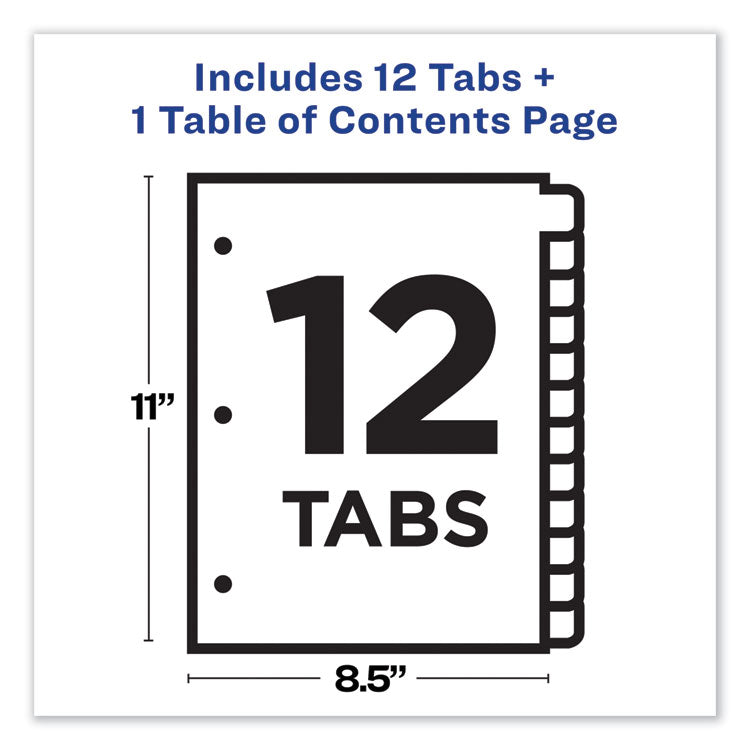 Customizable TOC Ready Index Multicolor Tab Dividers, 12-Tab, 1 to 12, 11 x 8.5, White, Traditional Color Tabs, 1 Set
