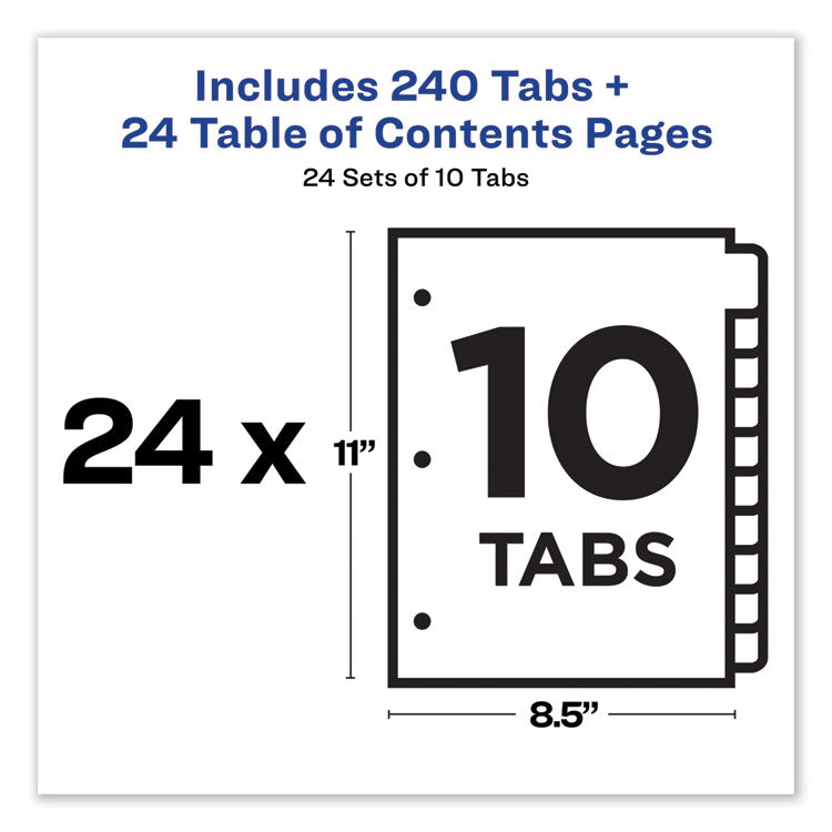 Customizable TOC Ready Index Multicolor Tab Dividers, Uncollated, 10-Tab, 1 to 10, 11 x 8.5, White, 24 Sets
