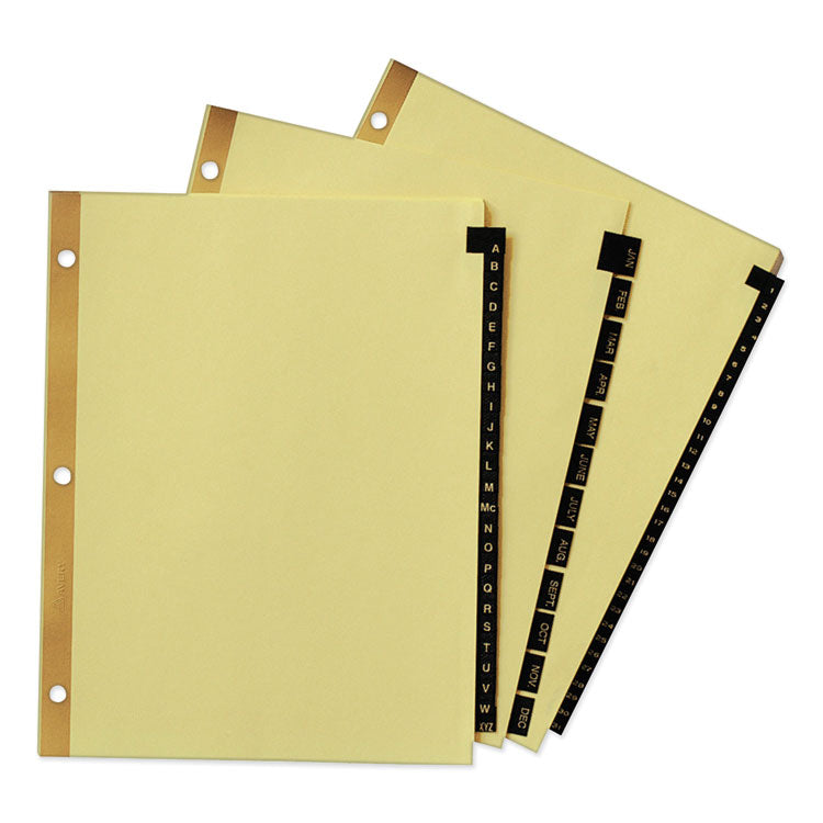 Preprinted Black Leather Tab Dividers w/Gold Reinforced Edge, 25-Tab, A to Z, 11 x 8.5, Buff, 1 Set