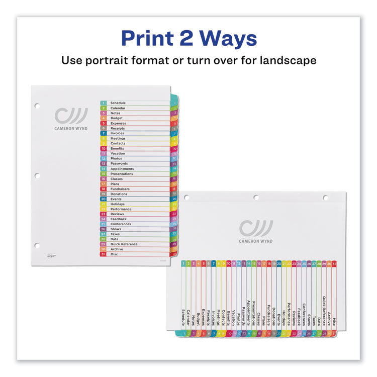 Customizable TOC Ready Index Multicolor Tab Dividers, 31-Tab, 1 to 31, 11 x 8.5, White, Contemporary Color Tabs, 1 Set