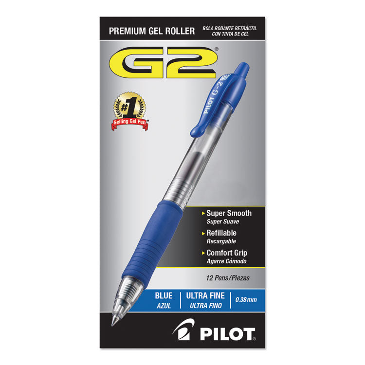 G2 Premium Gel Pen Convenience Pack, Retractable, Extra-Fine 0.38 mm, Blue Ink, Smoke/Blue Barrel, Dozen