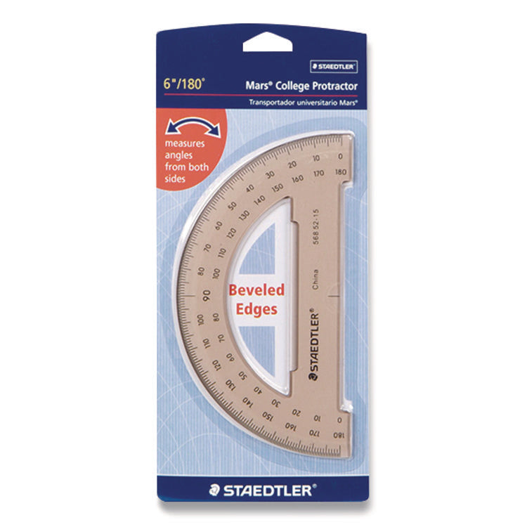 MARS COLLEGE PROTRACTOR, PLASTIC, 6" RULER EDGE/180 DEGREE, TRANSPARENT TINTED
