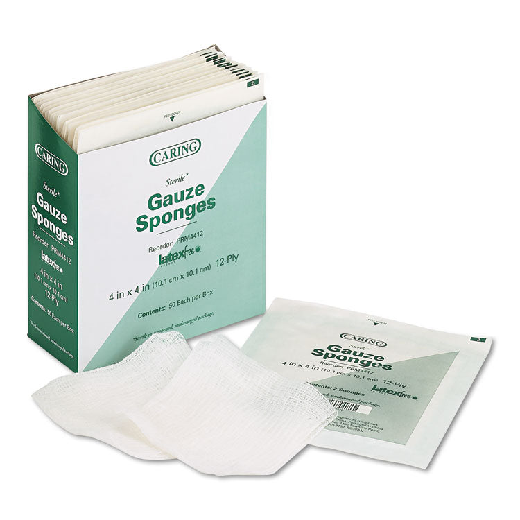 Caring Woven Gauze Sponges, Sterile, 12-Ply, 4 X 4, 1,200/carton