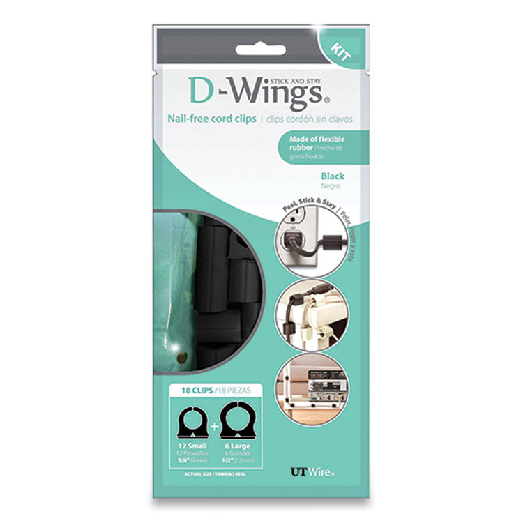 D-Wings Nail-Free Cord Clips, 12 Small 0.38", Six Large 0.5", Black, 18/pack