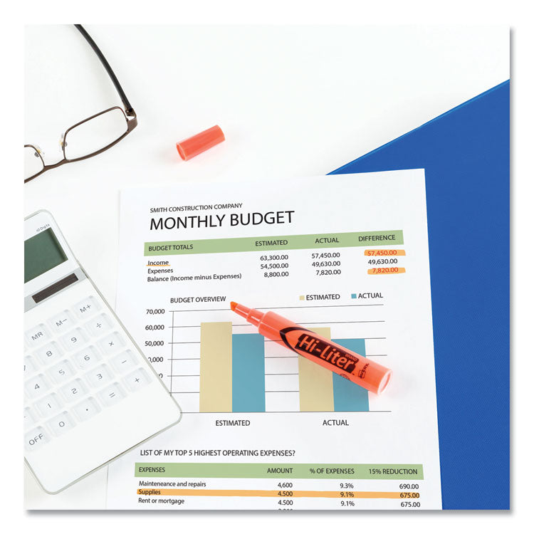 Hi-Liter Desk-Style Highlighters, Fluorescent Orange Ink, Chisel Tip, Orange/black Barrel, Dozen