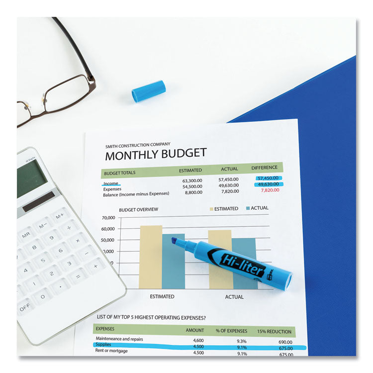 Hi-Liter Desk-Style Highlighters, Fluorescent Blue Ink, Chisel Tip, Blue/black Barrel, Dozen