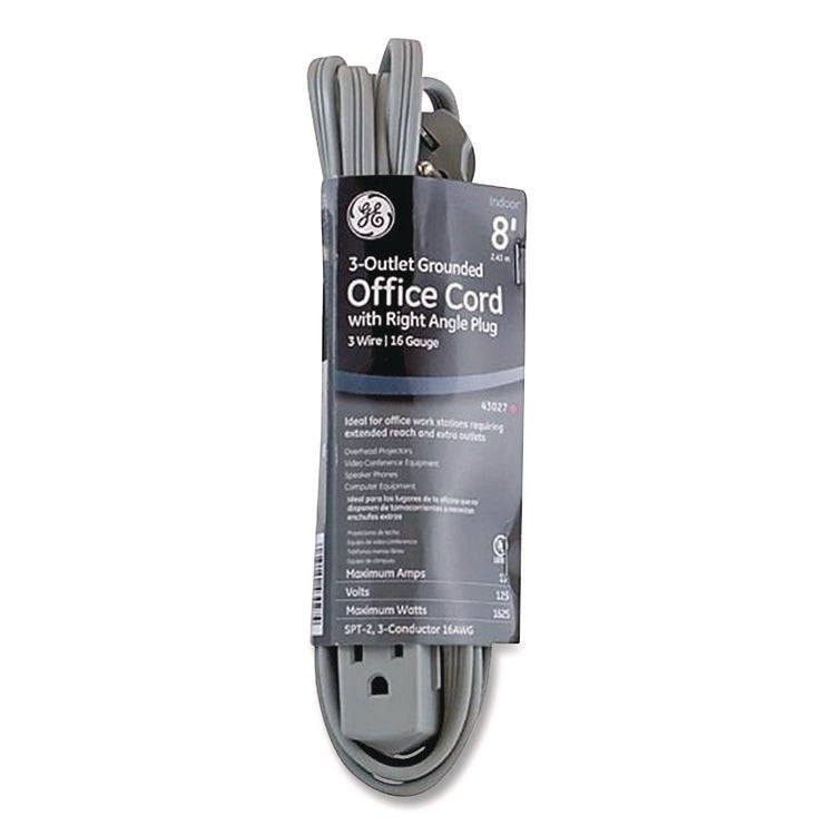 Power Strip, 3 Outlets, 8 ft Cord, Gray