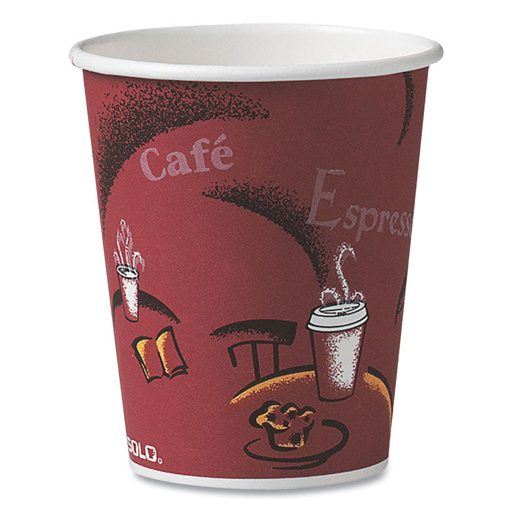 Paper Hot Drink Cups in Bistro Design, 3.35" Diameter x 3.82" h, 10 oz, Maroon, 1,000/Carton