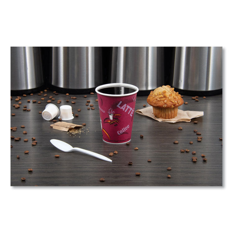 Paper Hot Drink Cups in Bistro Design, 12 oz, Maroon, 50/Bag, 20 Bags/Carton