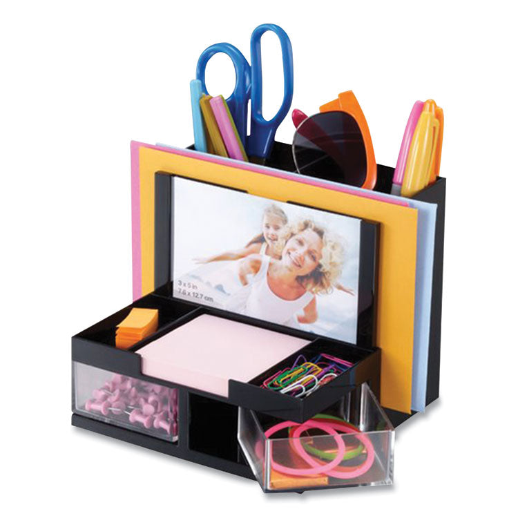 VersaPlus Desk Organizer,7 Compartments, Plastic, 6.19 x 6.31 x 5.5, Black