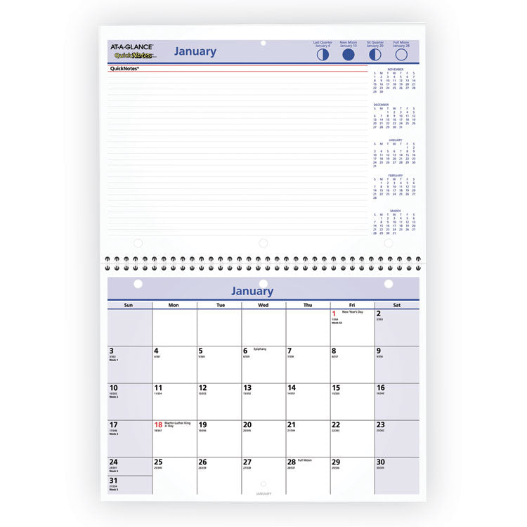 QuickNotes Desk/Wall Calendar, 3-Hole Punched, 11 x 8, White/Blue/Yellow Sheets, 12-Month (Jan to Dec): 2025