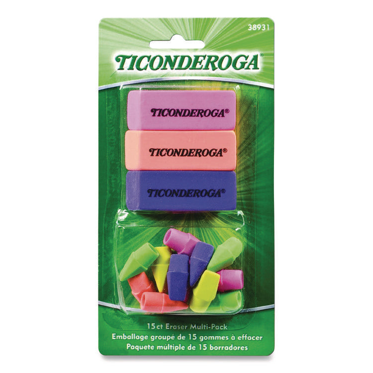 Neon Eraser Multipack, For Pencil Marks, (12) End-Cap Erasers, (3) Block Erasers, Assorted Colors
