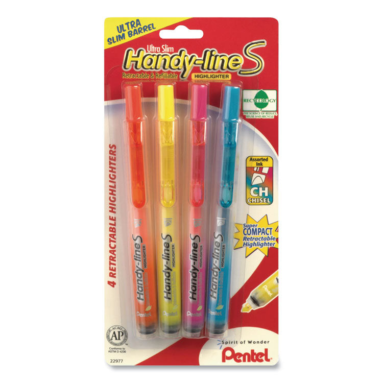 ULTRA-SLIM HANDY-LINE S RETRACTABLE/REFILLABLE HIGHLIGHTERS, ASSORTED INK COLORS, CHISEL TIP, ASSORTED BARREL COLORS, 4/PK