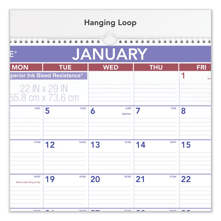 Two-Month Wall Calendar, 22 x 29, White/Blue/Red Sheets, 12-Month (Jan to Dec): 2025